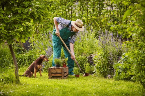 A person wearing a sun hat, blue overalls, and a checkered shirt is tending to a garden in a lush outdoor space, using a garden tool to work in a newly created flower bed. The garden features a well-maintained grassy lawn in the foreground, with a wooden planter box containing a variety of plants, and a mix of mature trees and flowering shrubs in the background. Purple flowering plants are visible near the edge of the flower bed, which is bordered by natural rocks or dark mulch. A brown dog is sitting on the grass nearby, observing the gardener, while the surrounding environment includes vibrant green foliage, creating a serene and inviting landscaped yard typical for outdoor garden maintenance and flower bed creation services in Tottenham.